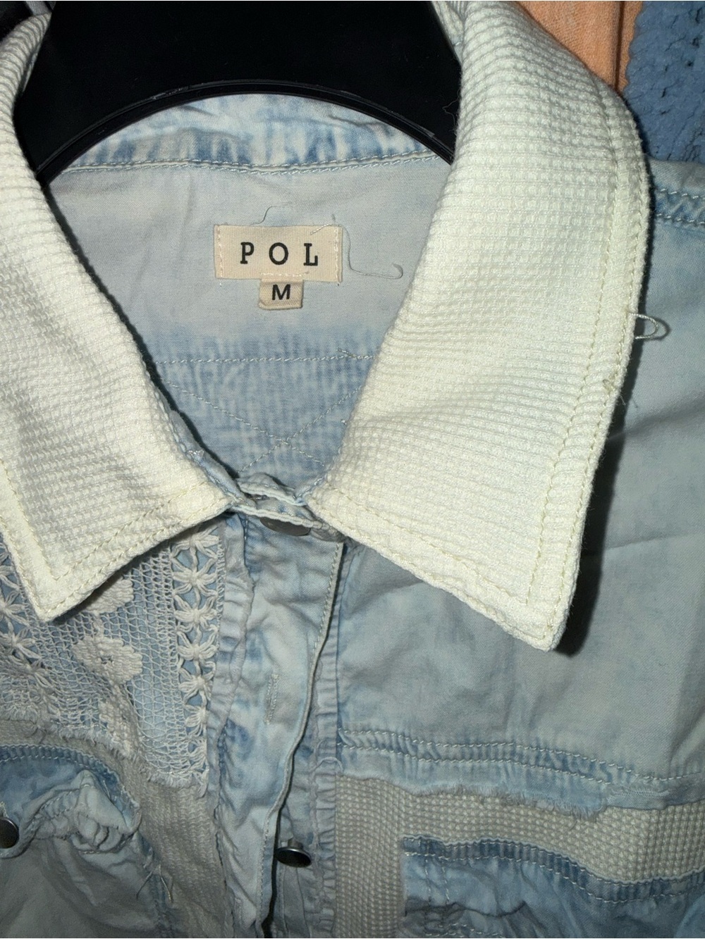 POL Boho Patchwork Lace Denim Shirt Jacket - Cream & Light Blue - Picture 4 of 6